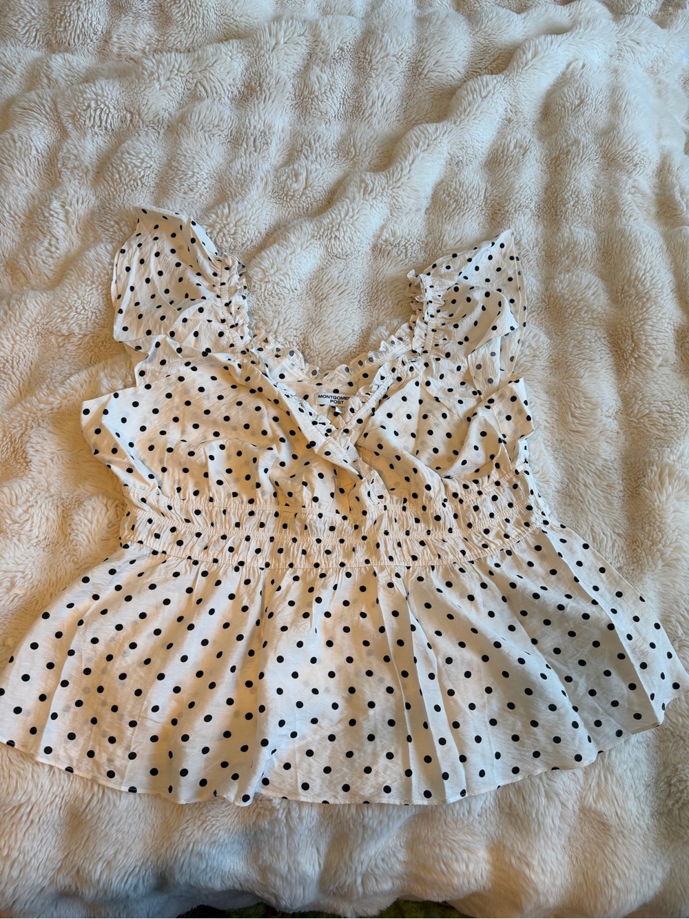 Montgomery Post 2X White Black Polka Dot Ruffle Peplum Top